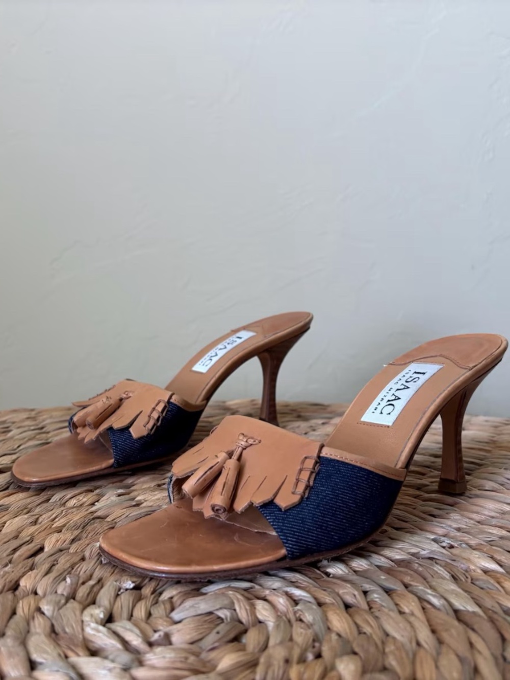 ISAAC MIZRAHI Leather Denim HEELED MULE Open Toe Vero Cuoio ITALY 7.5 Designer